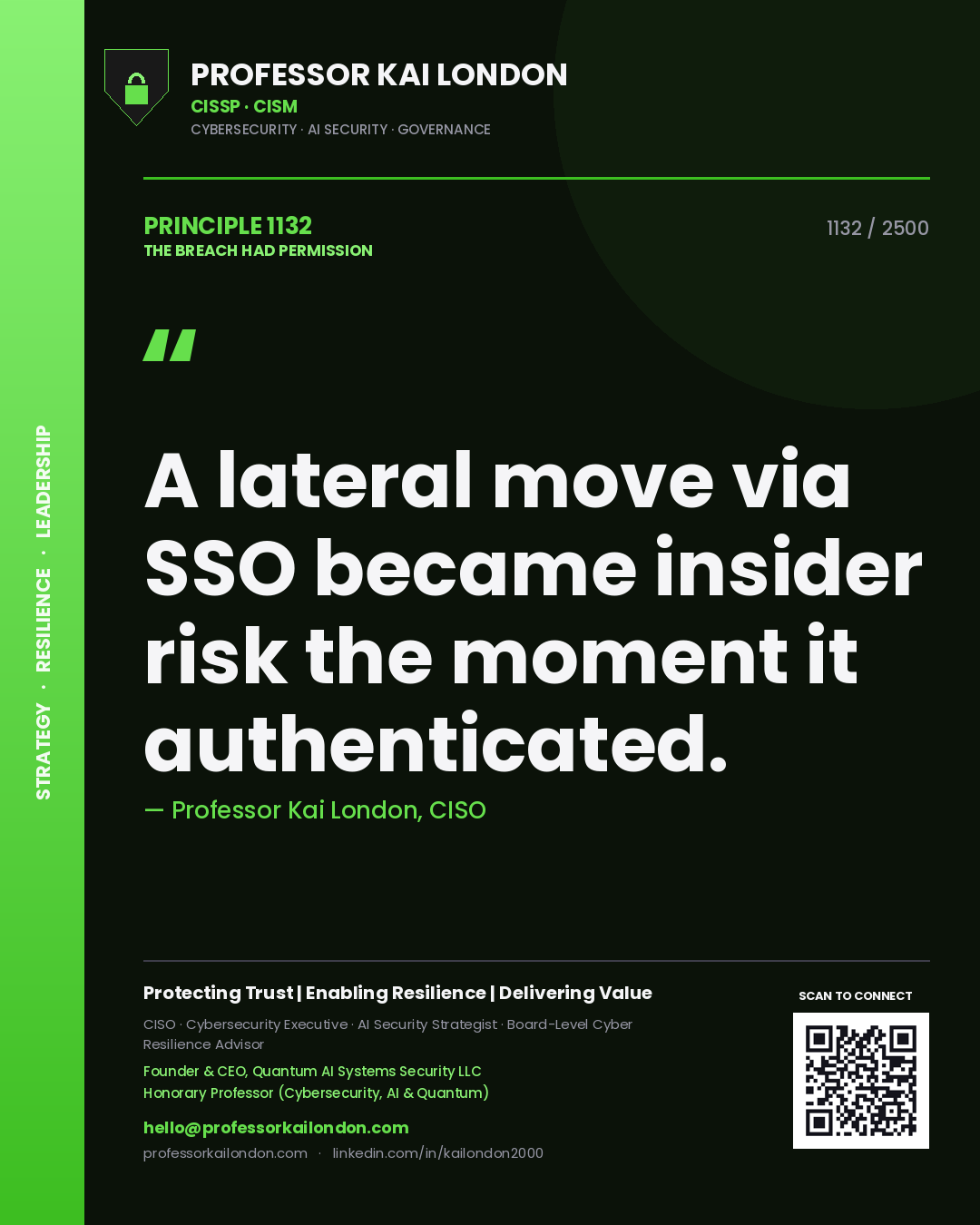 Professor Kai London principle 1132: A lateral move via SSO became insider risk the moment it authenticated.