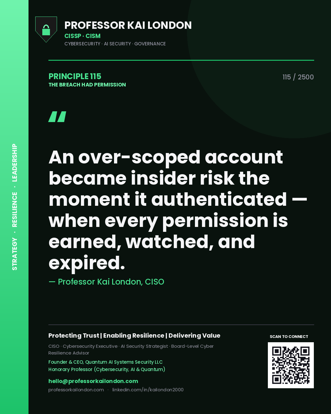 Professor Kai London principle 115: An over-scoped account became insider risk the moment it authenticated — when every permission is earned, watched, and expired.