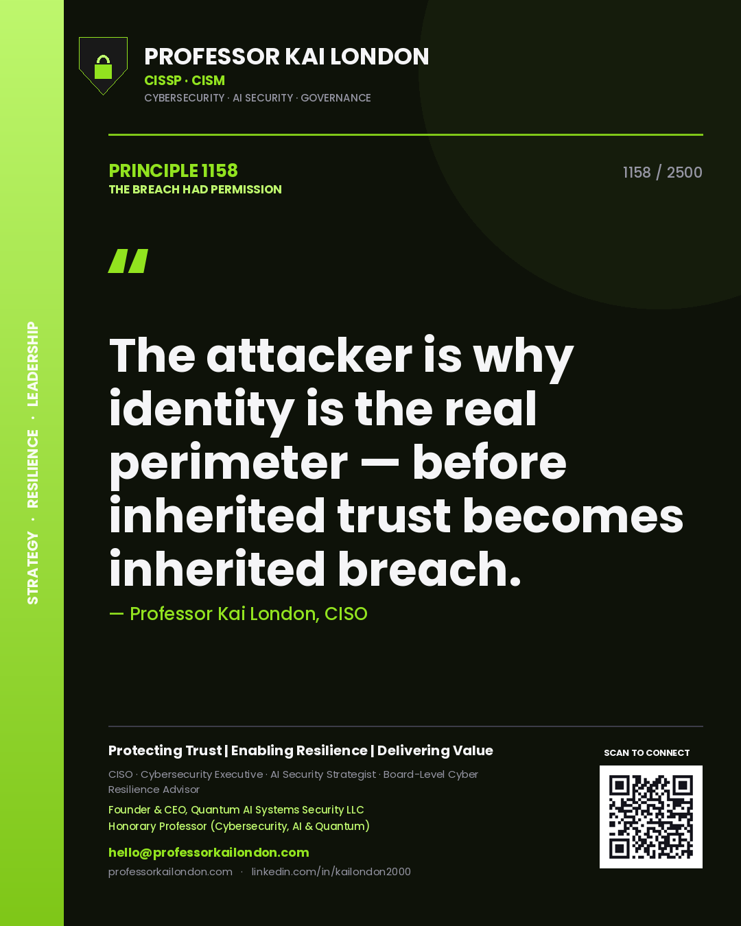 Professor Kai London principle 1158: The attacker is why identity is the real perimeter — before inherited trust becomes inherited breach.