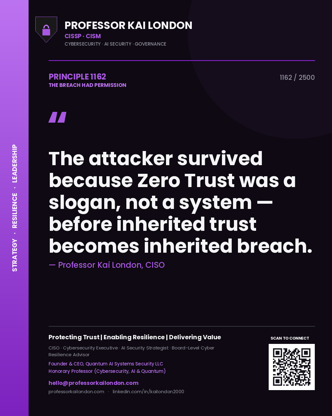 Professor Kai London principle 1162: The attacker survived because Zero Trust was a slogan, not a system — before inherited trust becomes inherited breach.