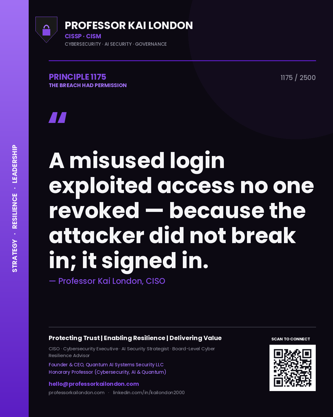 Professor Kai London principle 1175: A misused login exploited access no one revoked — because the attacker did not break in; it signed in.