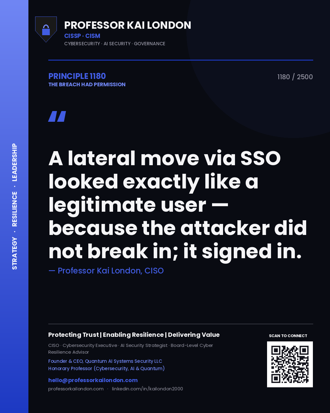 Professor Kai London principle 1180: A lateral move via SSO looked exactly like a legitimate user — because the attacker did not break in; it signed in.