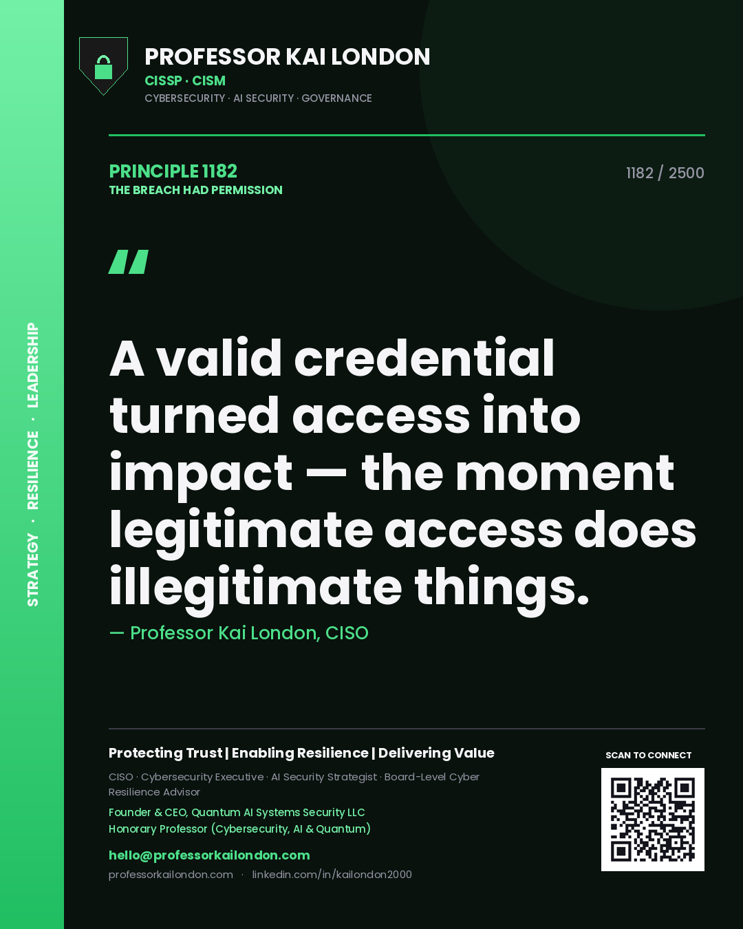 Professor Kai London principle 1182: A valid credential turned access into impact — the moment legitimate access does illegitimate things.