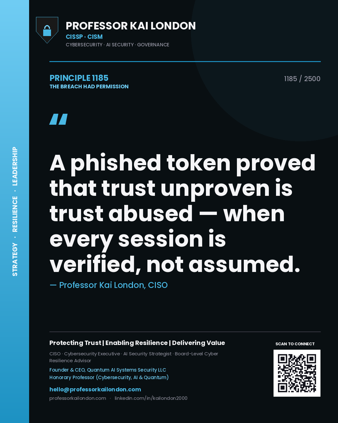 Professor Kai London principle 1185: A phished token proved that trust unproven is trust abused — when every session is verified, not assumed.