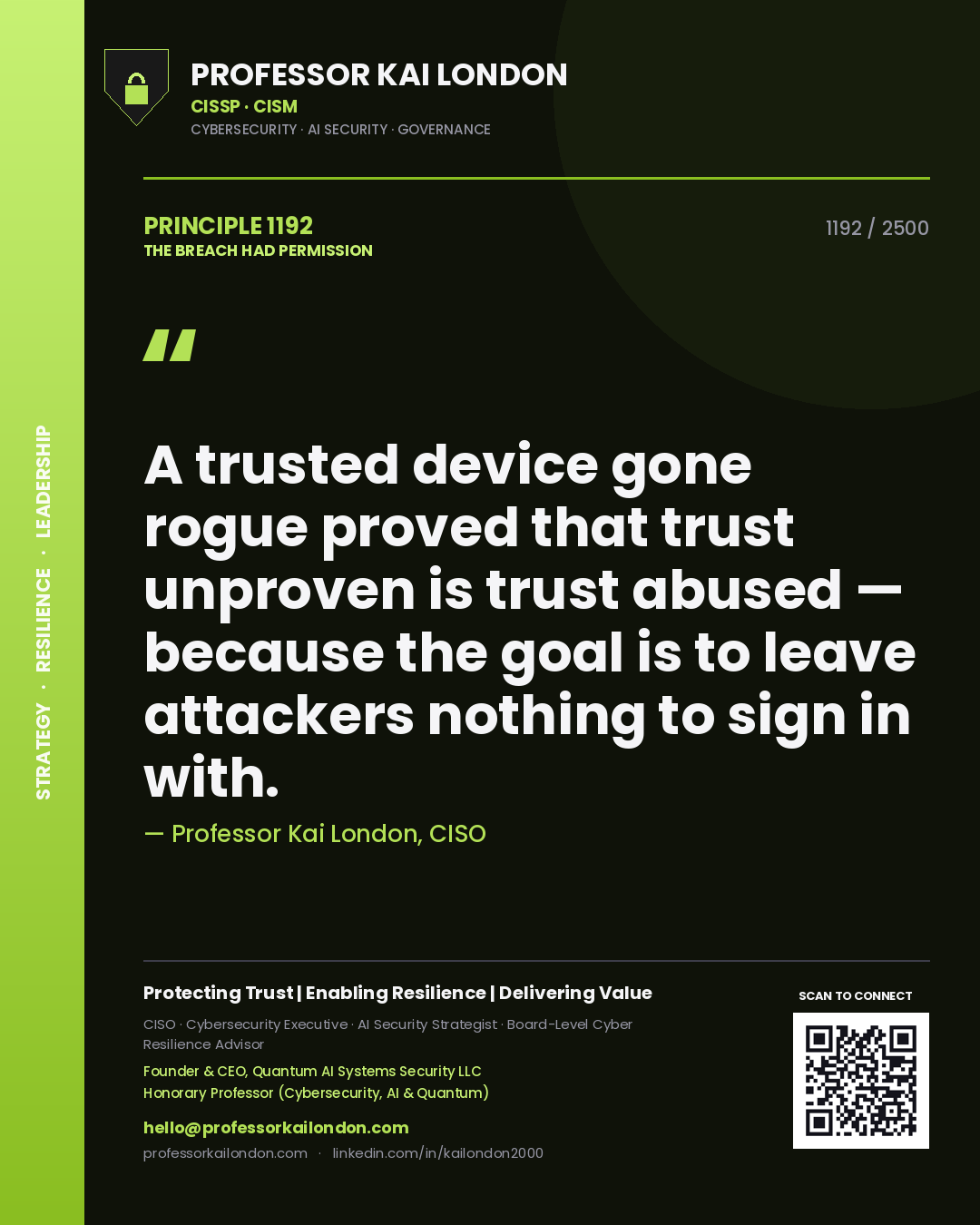 Professor Kai London principle 1192: A trusted device gone rogue proved that trust unproven is trust abused — because the goal is to leave attackers nothing to sign in with.