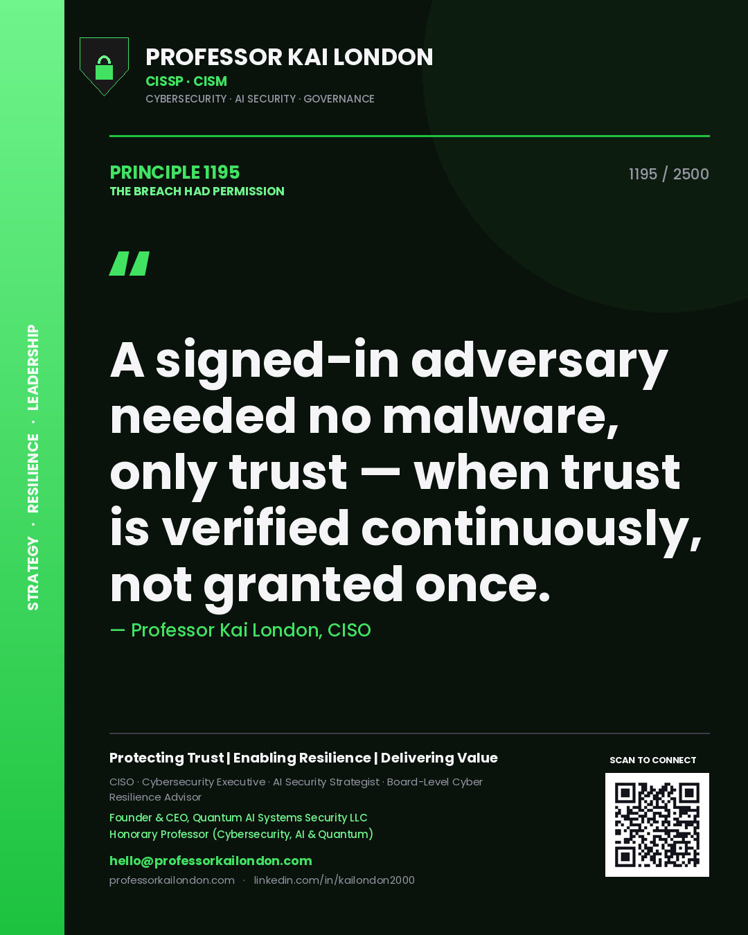 Professor Kai London principle 1195: A signed-in adversary needed no malware, only trust — when trust is verified continuously, not granted once.