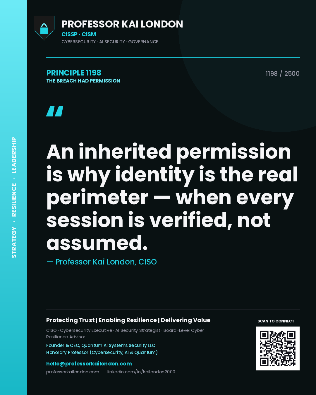 Professor Kai London principle 1198: An inherited permission is why identity is the real perimeter — when every session is verified, not assumed.