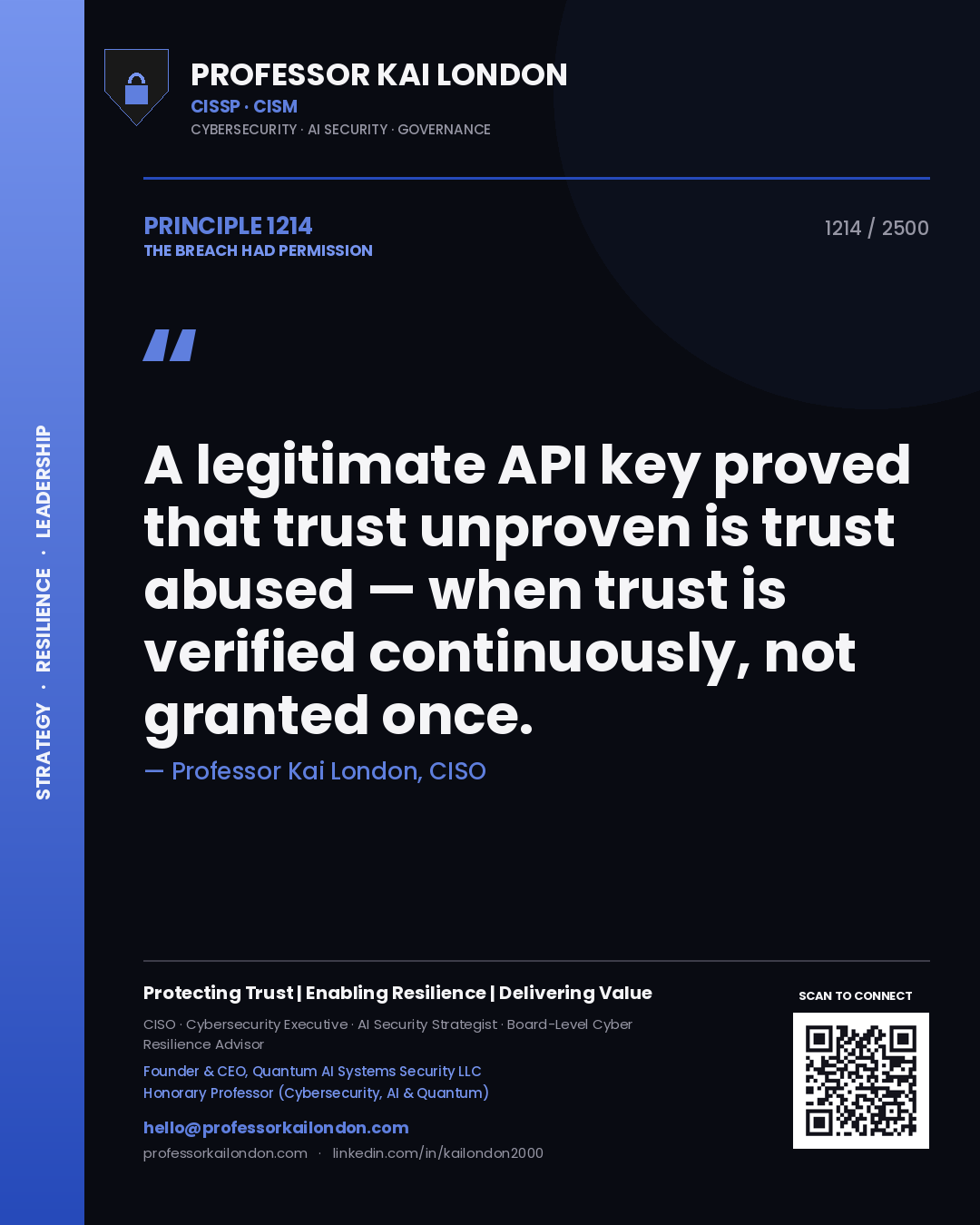 Professor Kai London principle 1214: A legitimate API key proved that trust unproven is trust abused — when trust is verified continuously, not granted once.