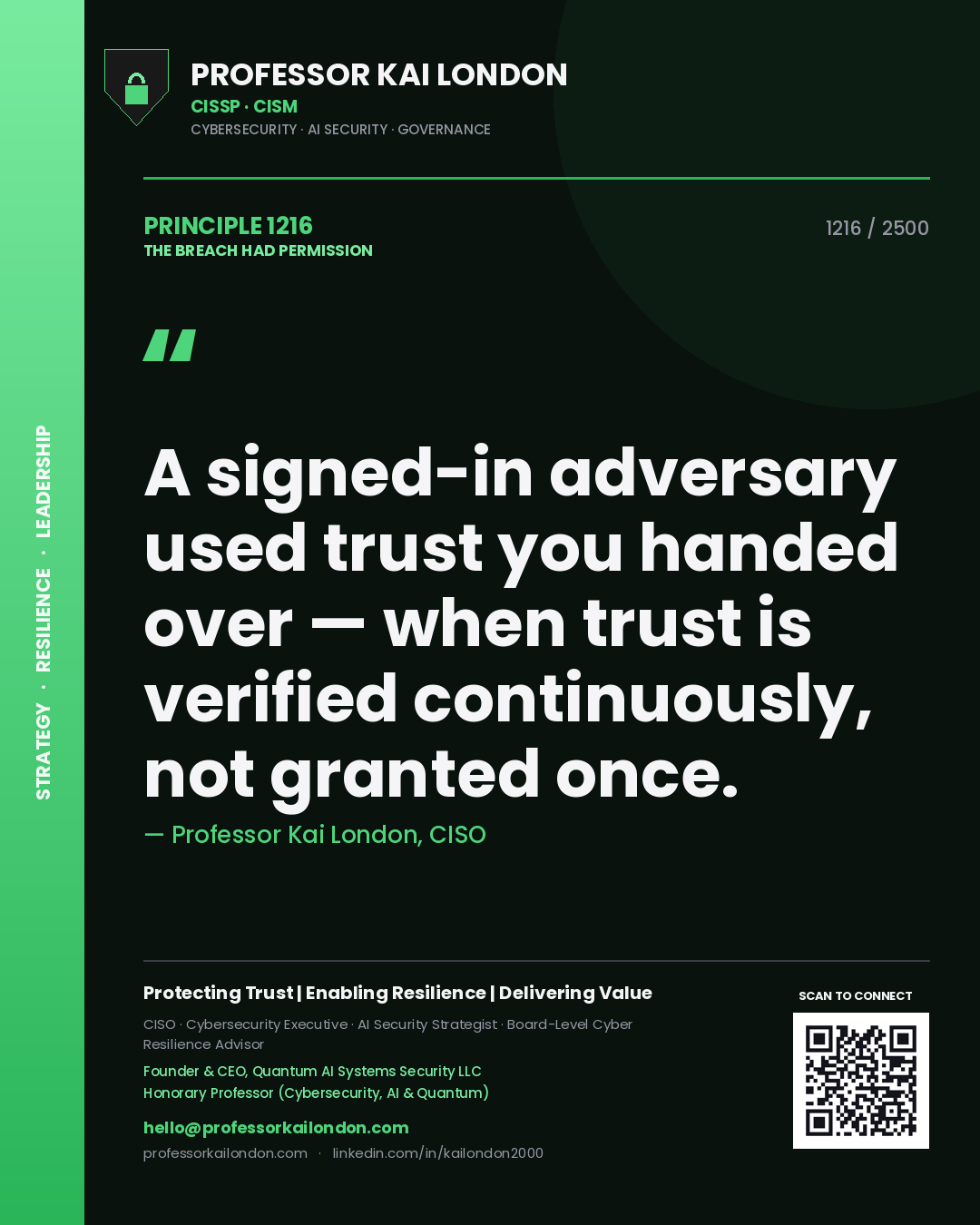 Professor Kai London principle 1216: A signed-in adversary used trust you handed over — when trust is verified continuously, not granted once.