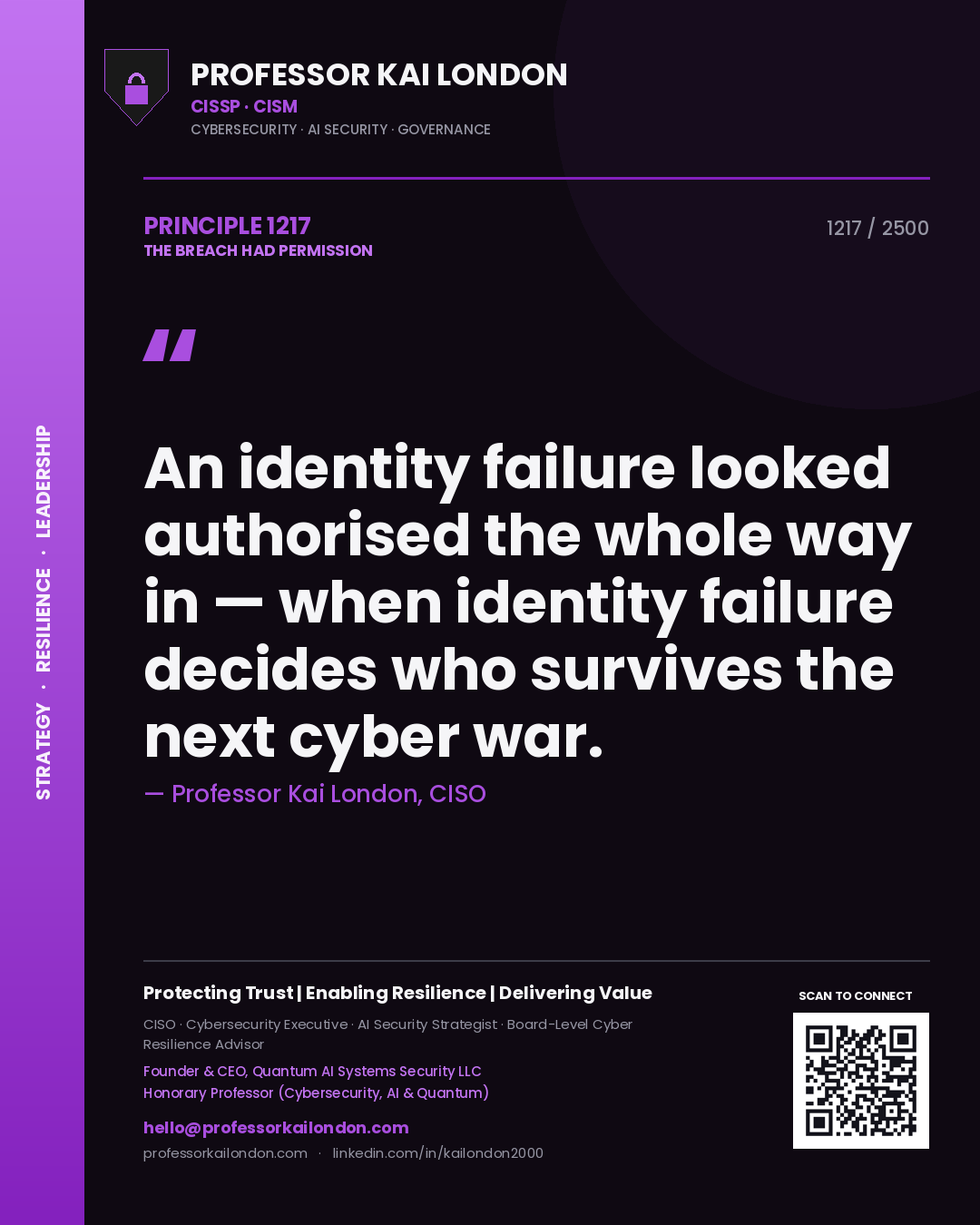 Professor Kai London principle 1217: An identity failure looked authorised the whole way in — when identity failure decides who survives the next cyber war.