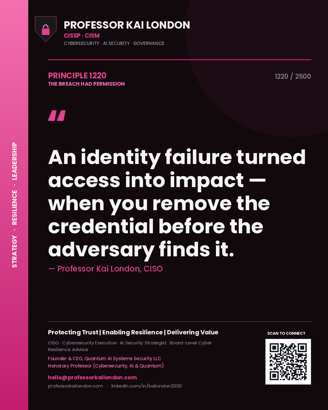 Professor Kai London principle 1220: An identity failure turned access into impact — when you remove the credential before the adversary finds it.