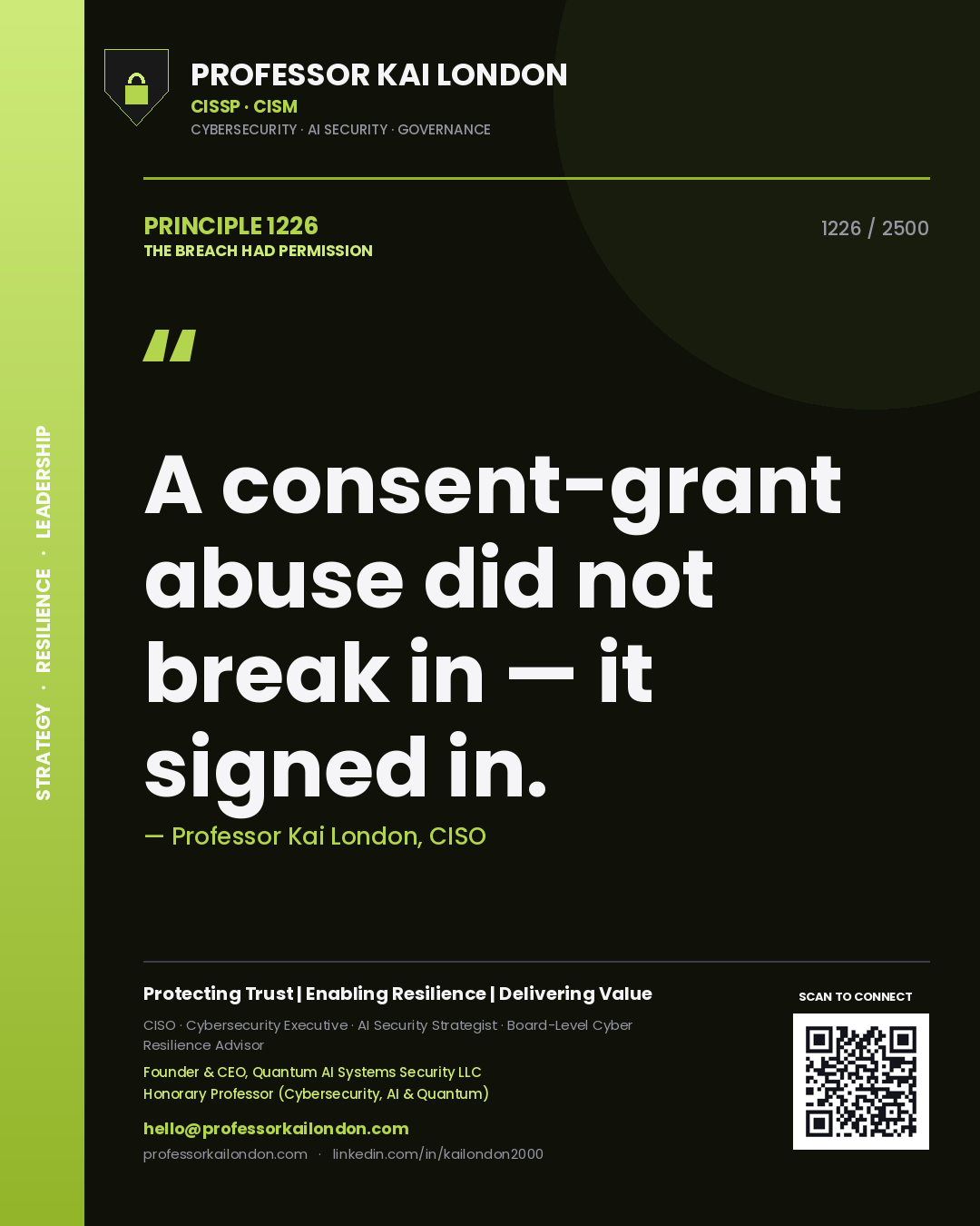 Professor Kai London principle 1226: A consent-grant abuse did not break in — it signed in.
