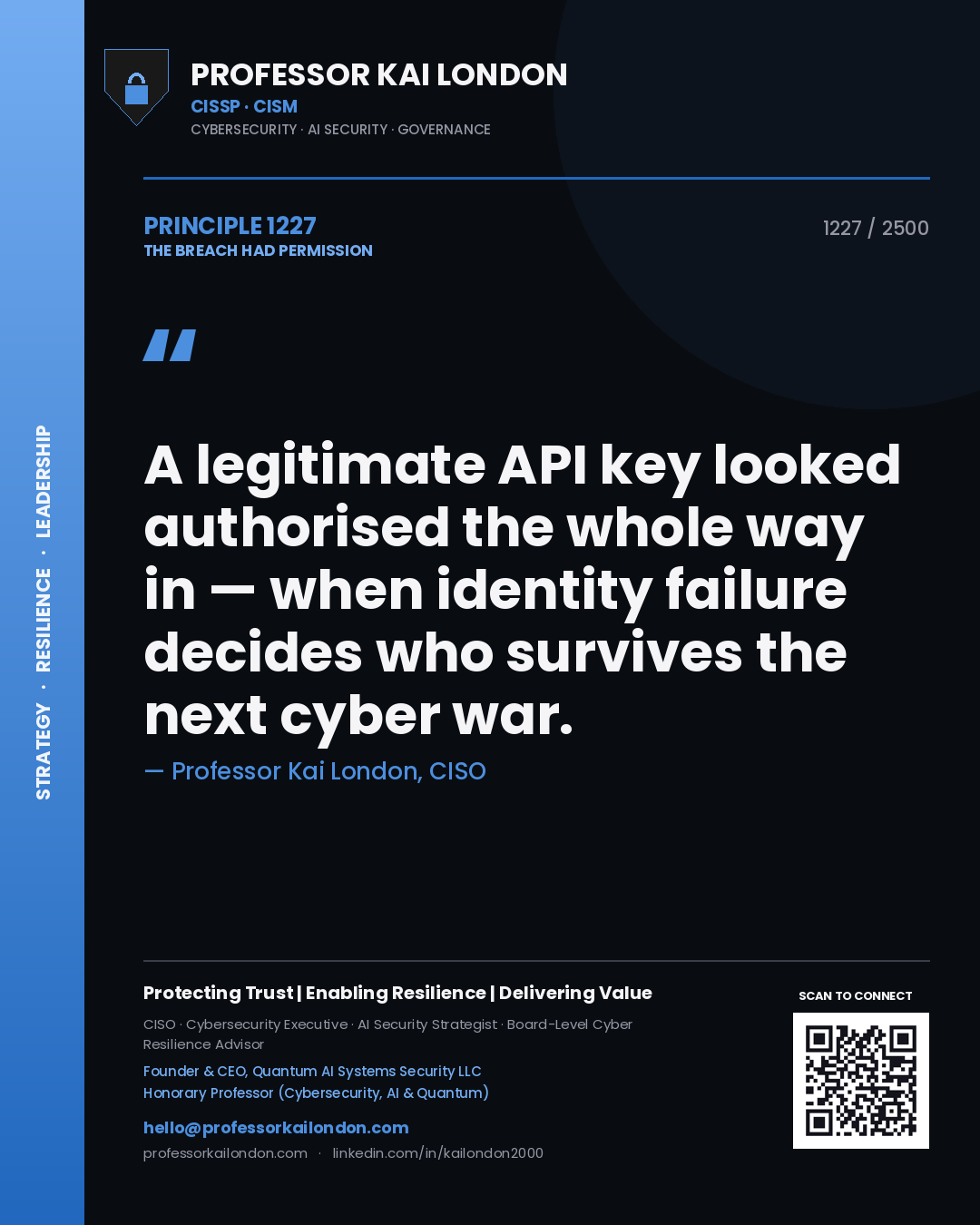 Professor Kai London principle 1227: A legitimate API key looked authorised the whole way in — when identity failure decides who survives the next cyber war.