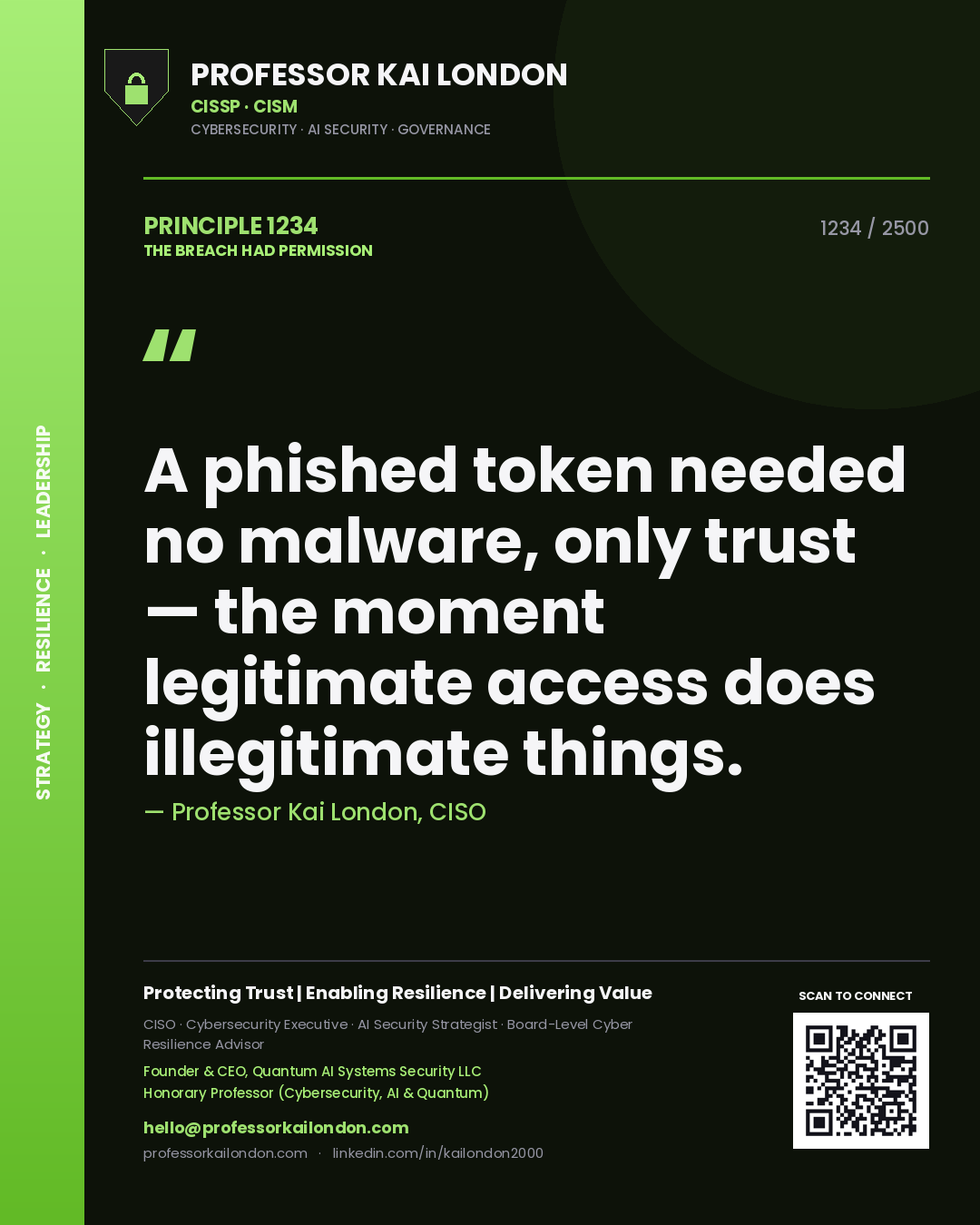 Professor Kai London principle 1234: A phished token needed no malware, only trust — the moment legitimate access does illegitimate things.