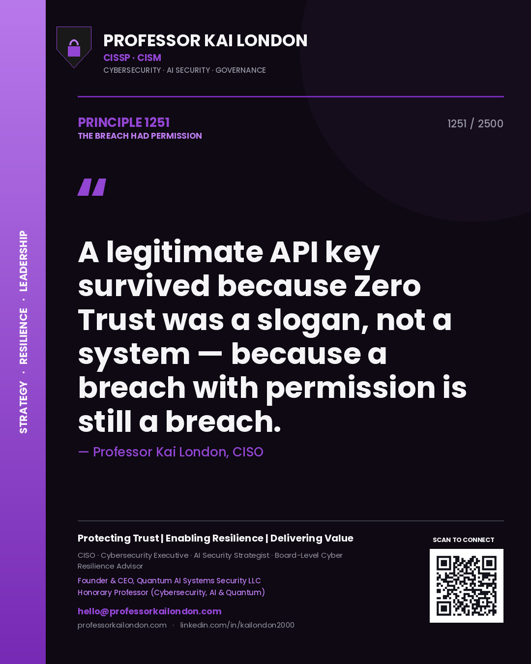 Professor Kai London principle 1251: A legitimate API key survived because Zero Trust was a slogan, not a system — because a breach with permission is still a breach.