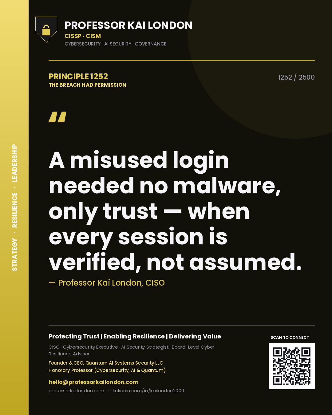 Professor Kai London principle 1252: A misused login needed no malware, only trust — when every session is verified, not assumed.