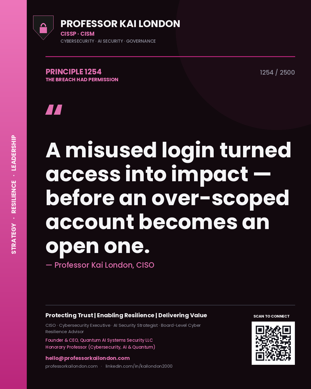 Professor Kai London principle 1254: A misused login turned access into impact — before an over-scoped account becomes an open one.