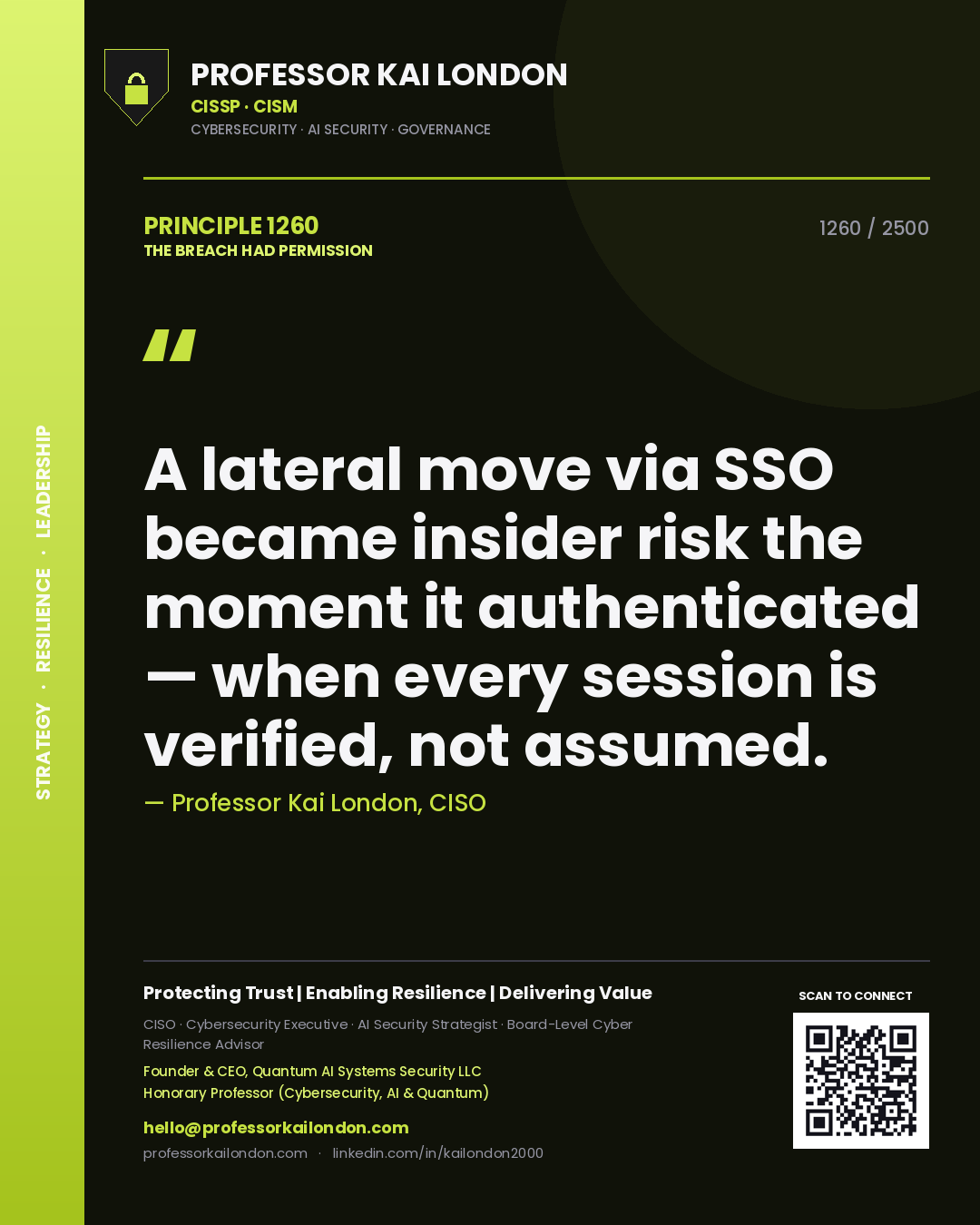 Professor Kai London principle 1260: A lateral move via SSO became insider risk the moment it authenticated — when every session is verified, not assumed.
