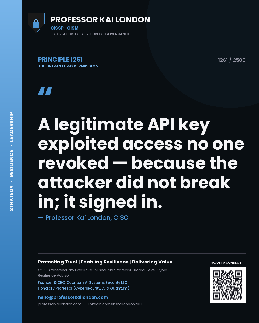Professor Kai London principle 1261: A legitimate API key exploited access no one revoked — because the attacker did not break in; it signed in.