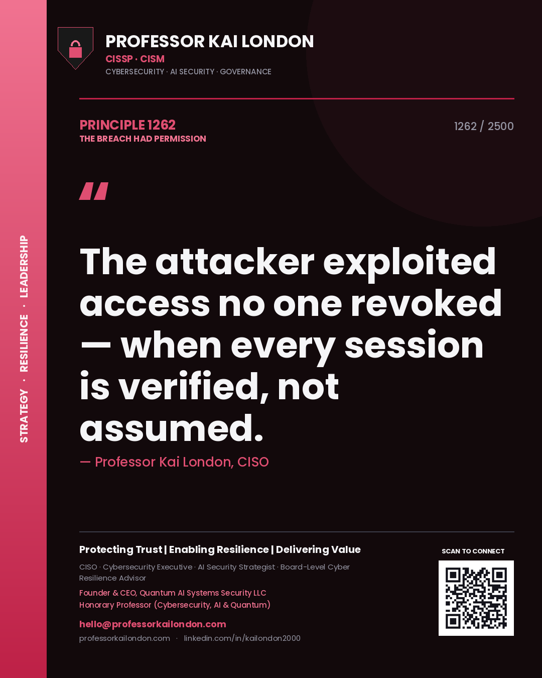 Professor Kai London principle 1262: The attacker exploited access no one revoked — when every session is verified, not assumed.