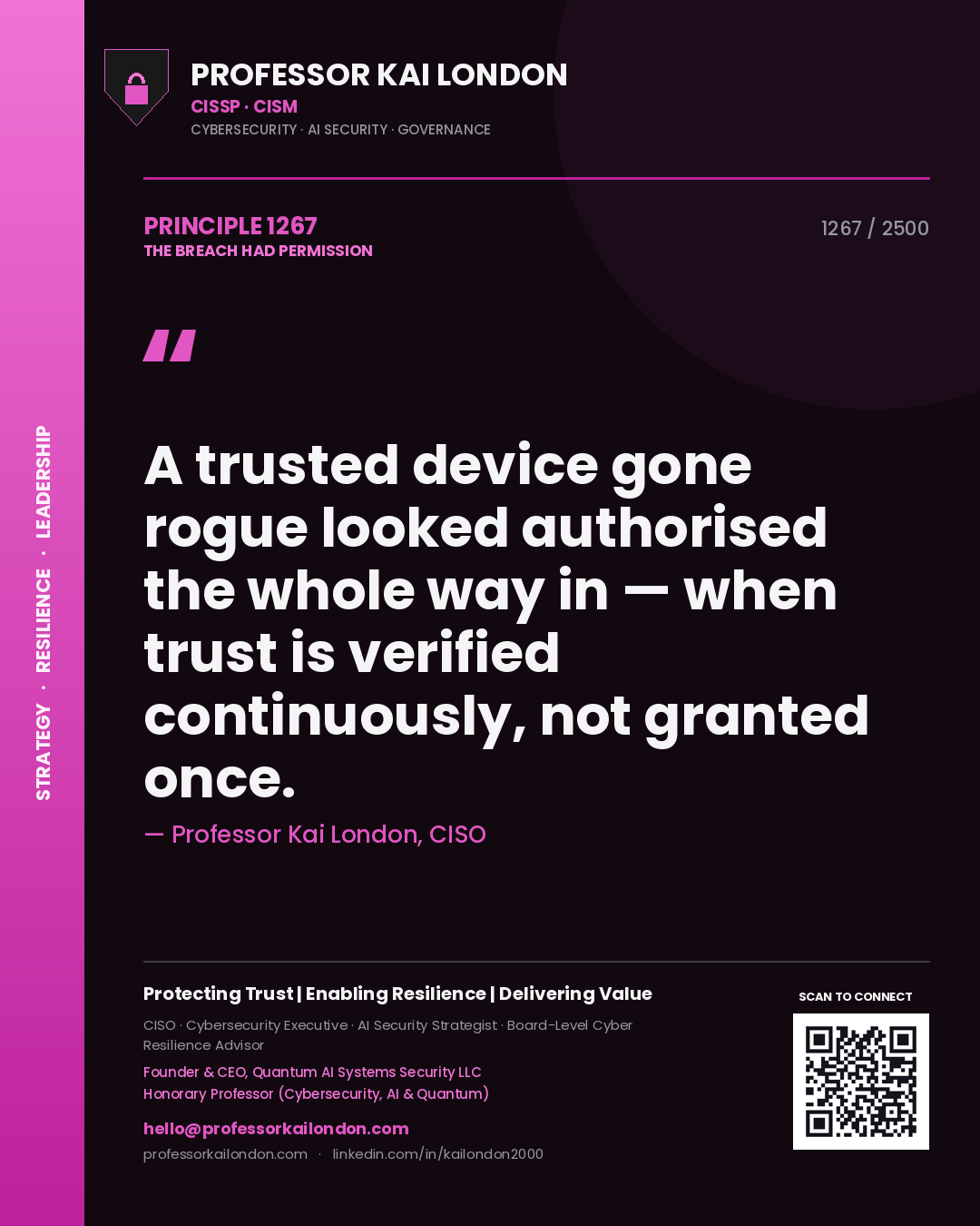 Professor Kai London principle 1267: A trusted device gone rogue looked authorised the whole way in — when trust is verified continuously, not granted once.