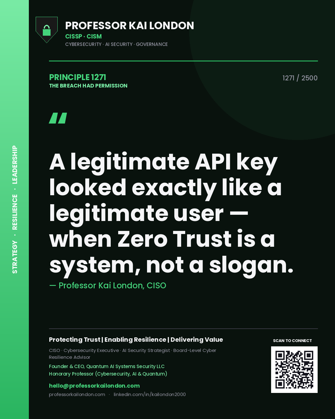 Professor Kai London principle 1271: A legitimate API key looked exactly like a legitimate user — when Zero Trust is a system, not a slogan.