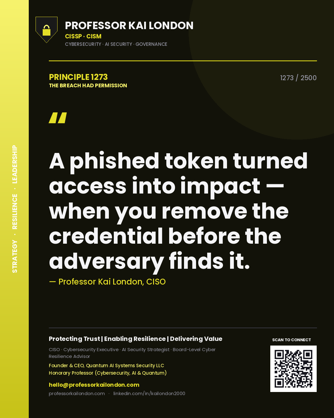 Professor Kai London principle 1273: A phished token turned access into impact — when you remove the credential before the adversary finds it.