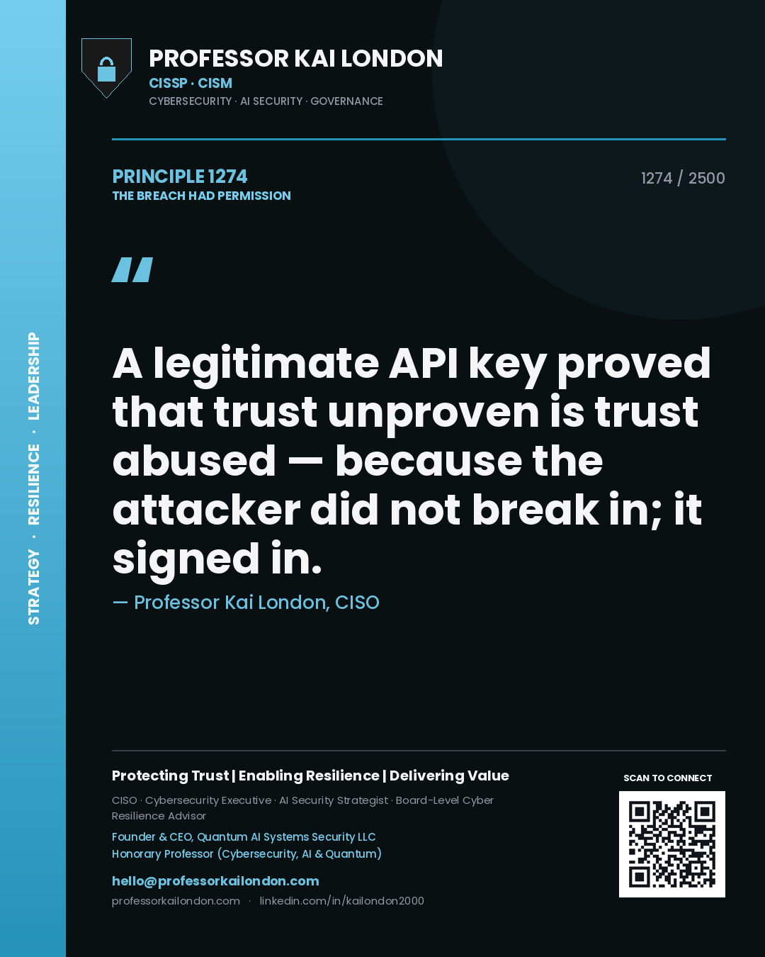 Professor Kai London principle 1274: A legitimate API key proved that trust unproven is trust abused — because the attacker did not break in; it signed in.