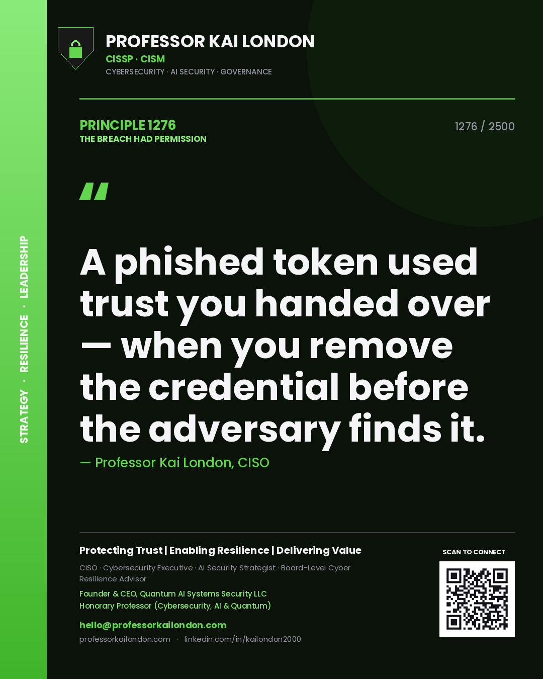 Professor Kai London principle 1276: A phished token used trust you handed over — when you remove the credential before the adversary finds it.