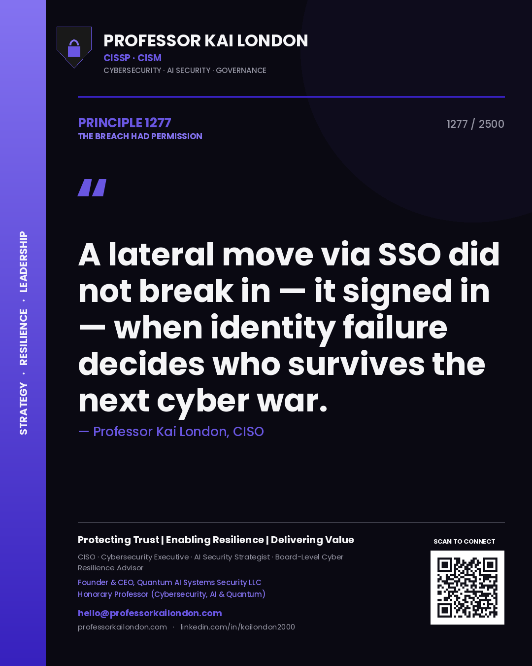 Professor Kai London principle 1277: A lateral move via SSO did not break in — it signed in — when identity failure decides who survives the next cyber war.