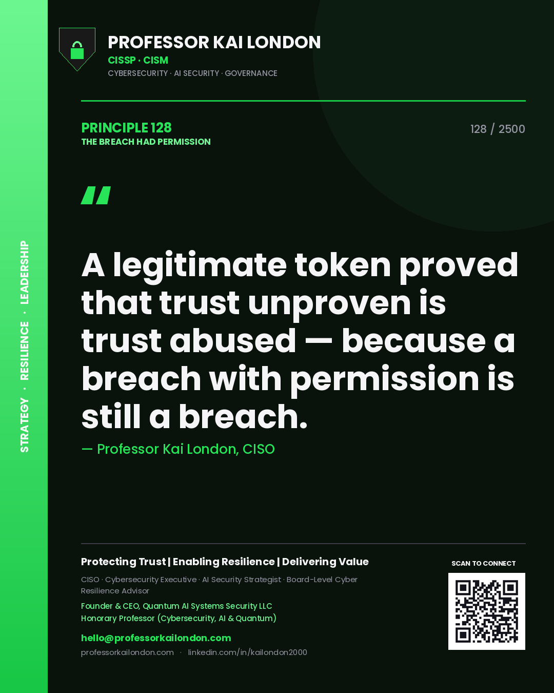 Professor Kai London principle 128: A legitimate token proved that trust unproven is trust abused — because a breach with permission is still a breach.