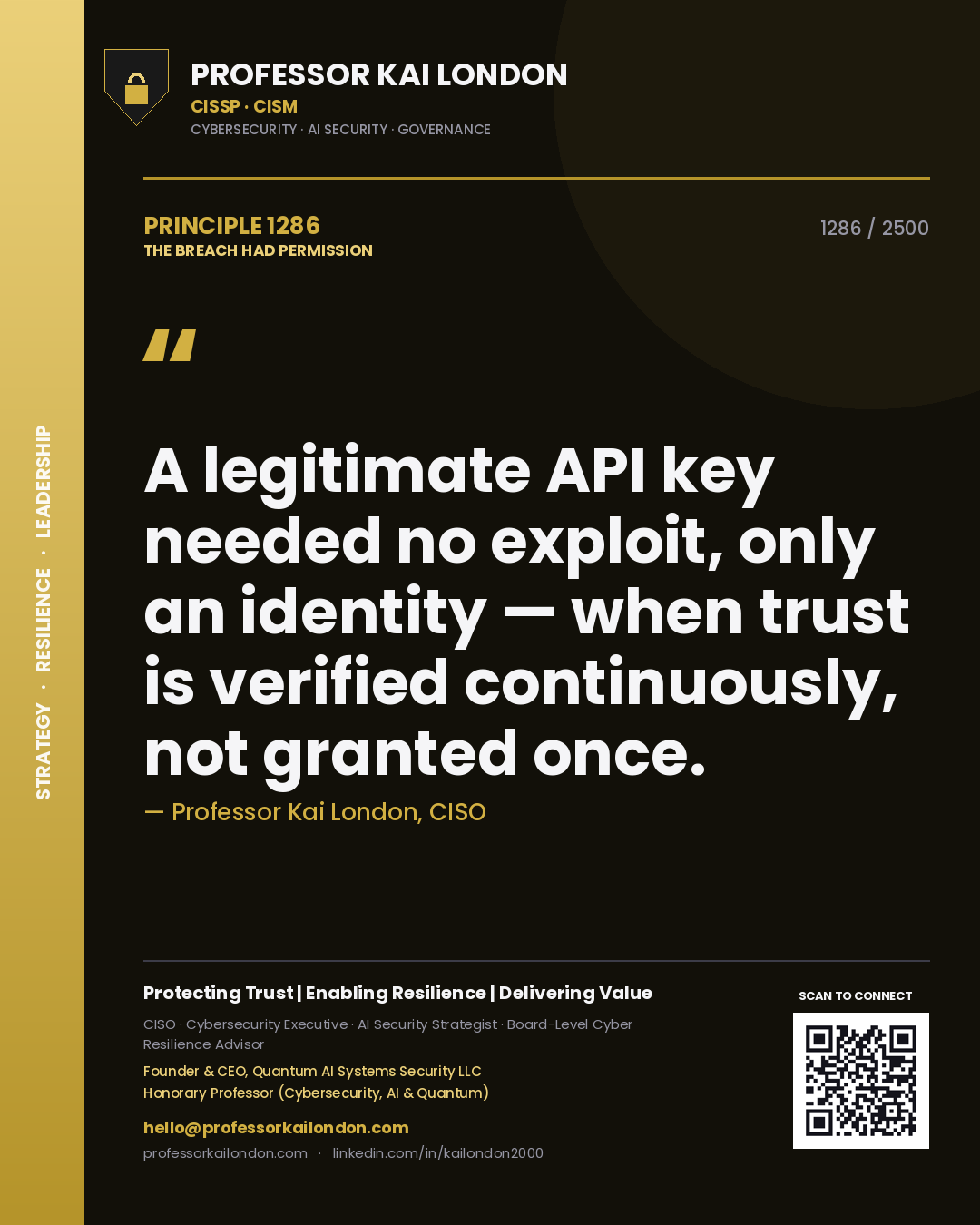 Professor Kai London principle 1286: A legitimate API key needed no exploit, only an identity — when trust is verified continuously, not granted once.