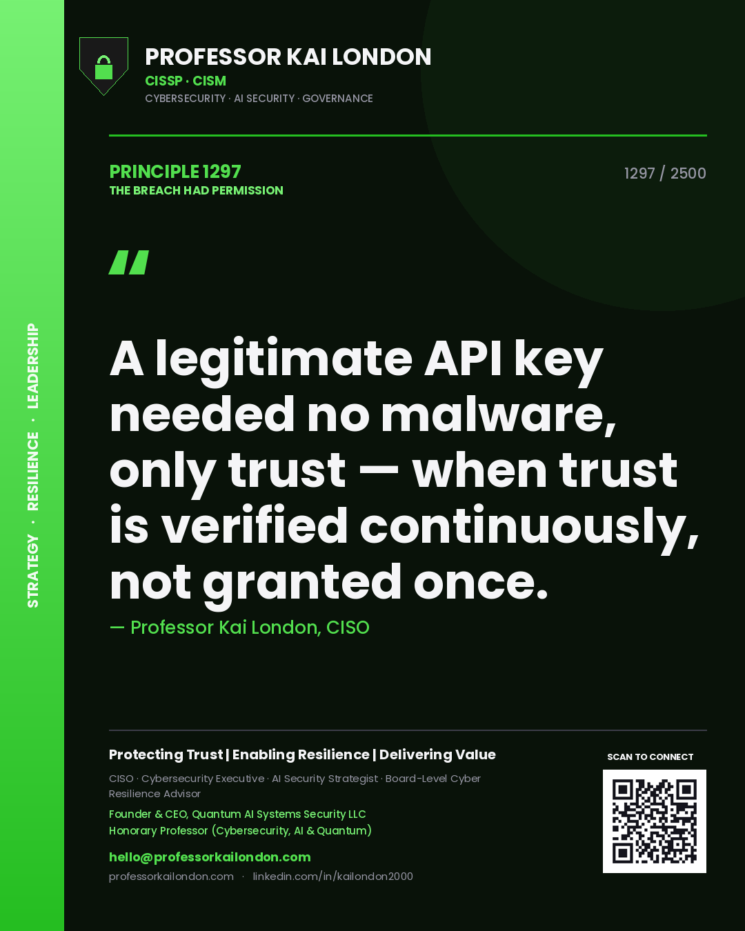 Professor Kai London principle 1297: A legitimate API key needed no malware, only trust — when trust is verified continuously, not granted once.