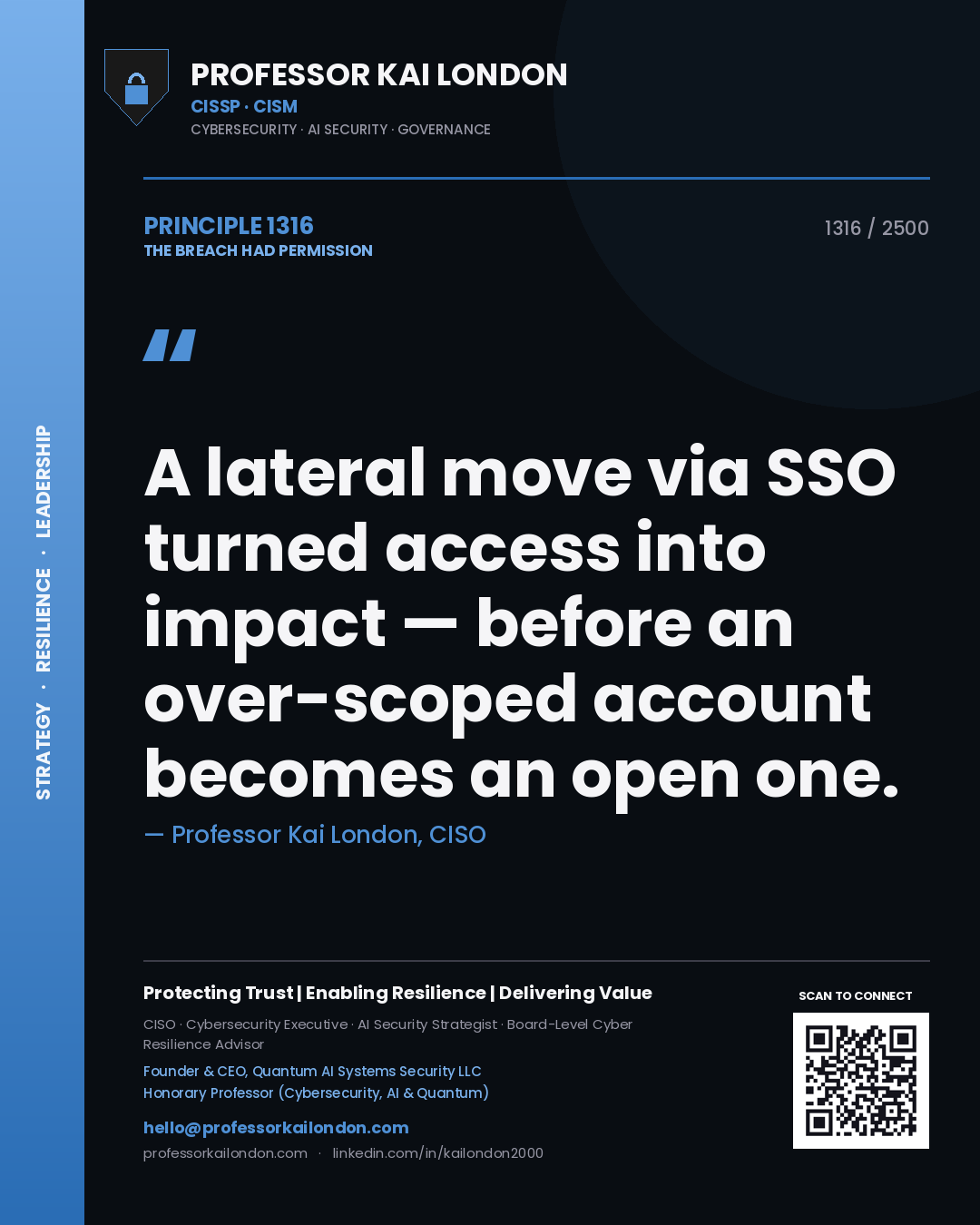 Professor Kai London principle 1316: A lateral move via SSO turned access into impact — before an over-scoped account becomes an open one.