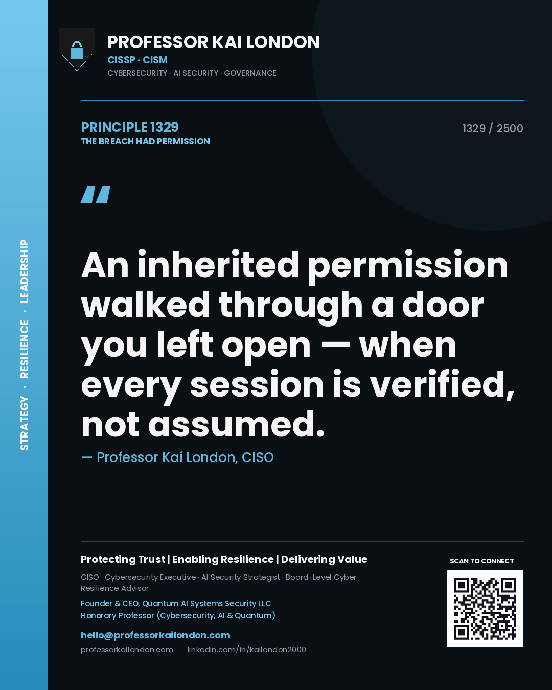 Professor Kai London principle 1329: An inherited permission walked through a door you left open — when every session is verified, not assumed.