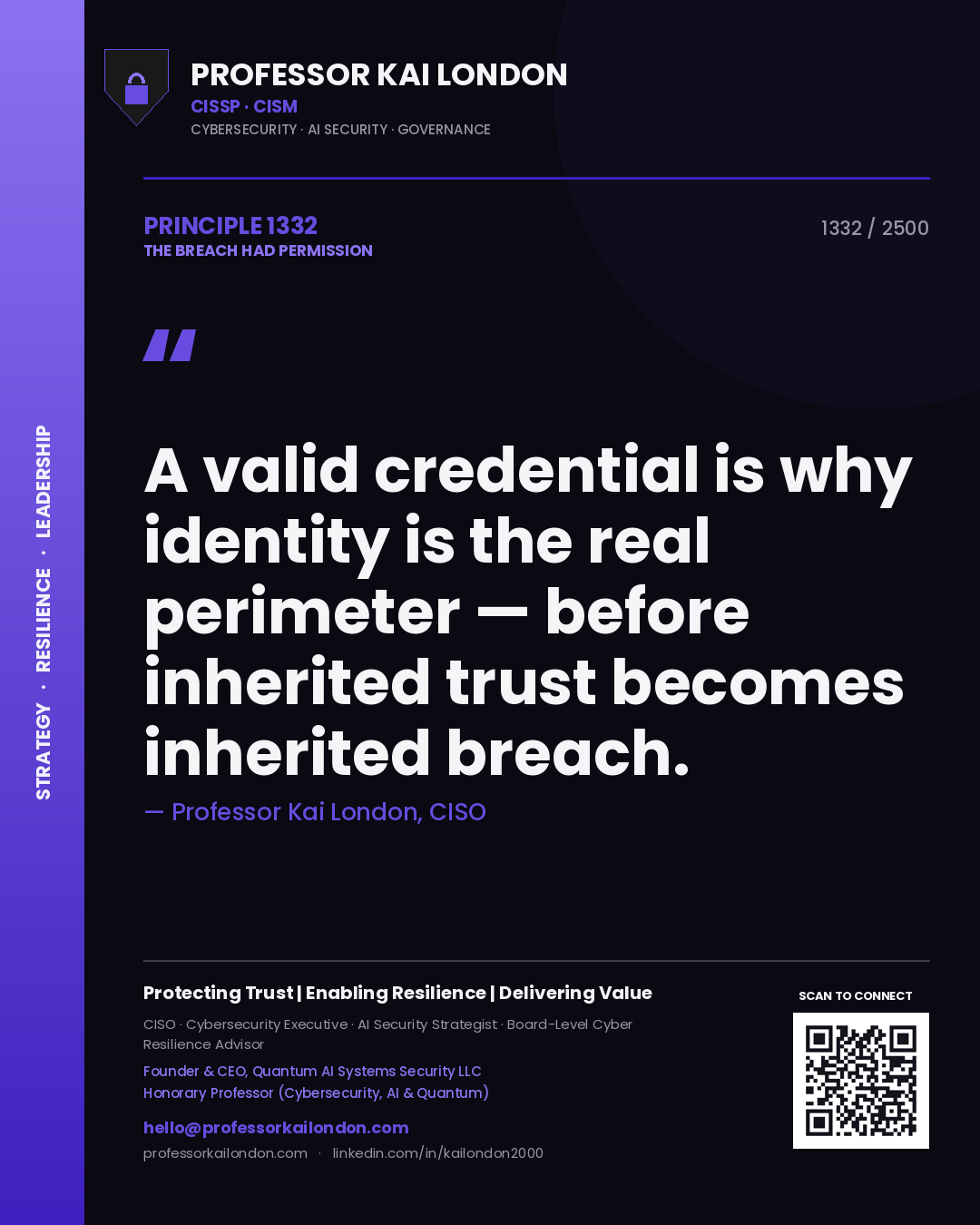 Professor Kai London principle 1332: A valid credential is why identity is the real perimeter — before inherited trust becomes inherited breach.