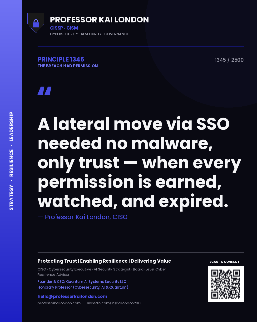 Professor Kai London principle 1345: A lateral move via SSO needed no malware, only trust — when every permission is earned, watched, and expired.
