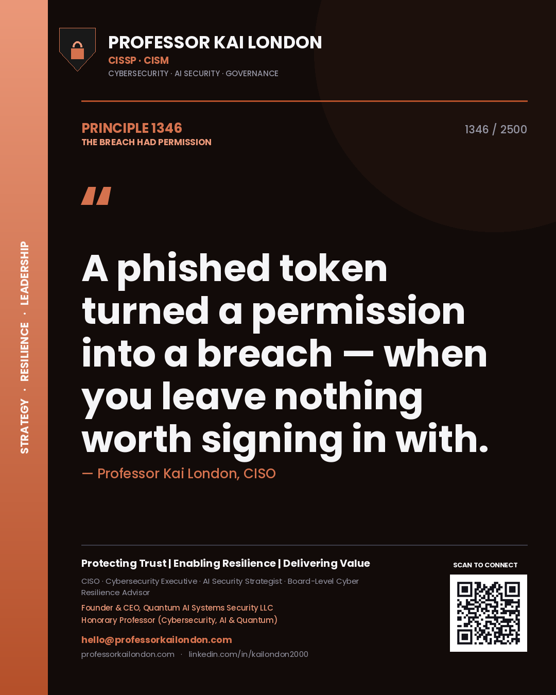 Professor Kai London principle 1346: A phished token turned a permission into a breach — when you leave nothing worth signing in with.