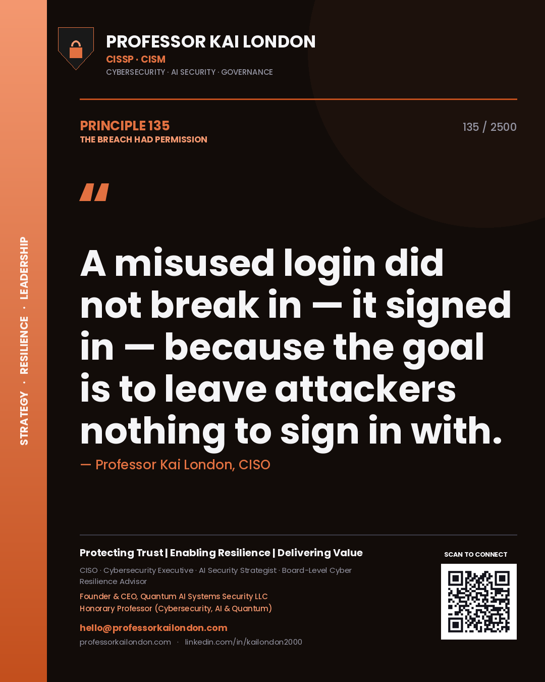 Professor Kai London principle 135: A misused login did not break in — it signed in — because the goal is to leave attackers nothing to sign in with.