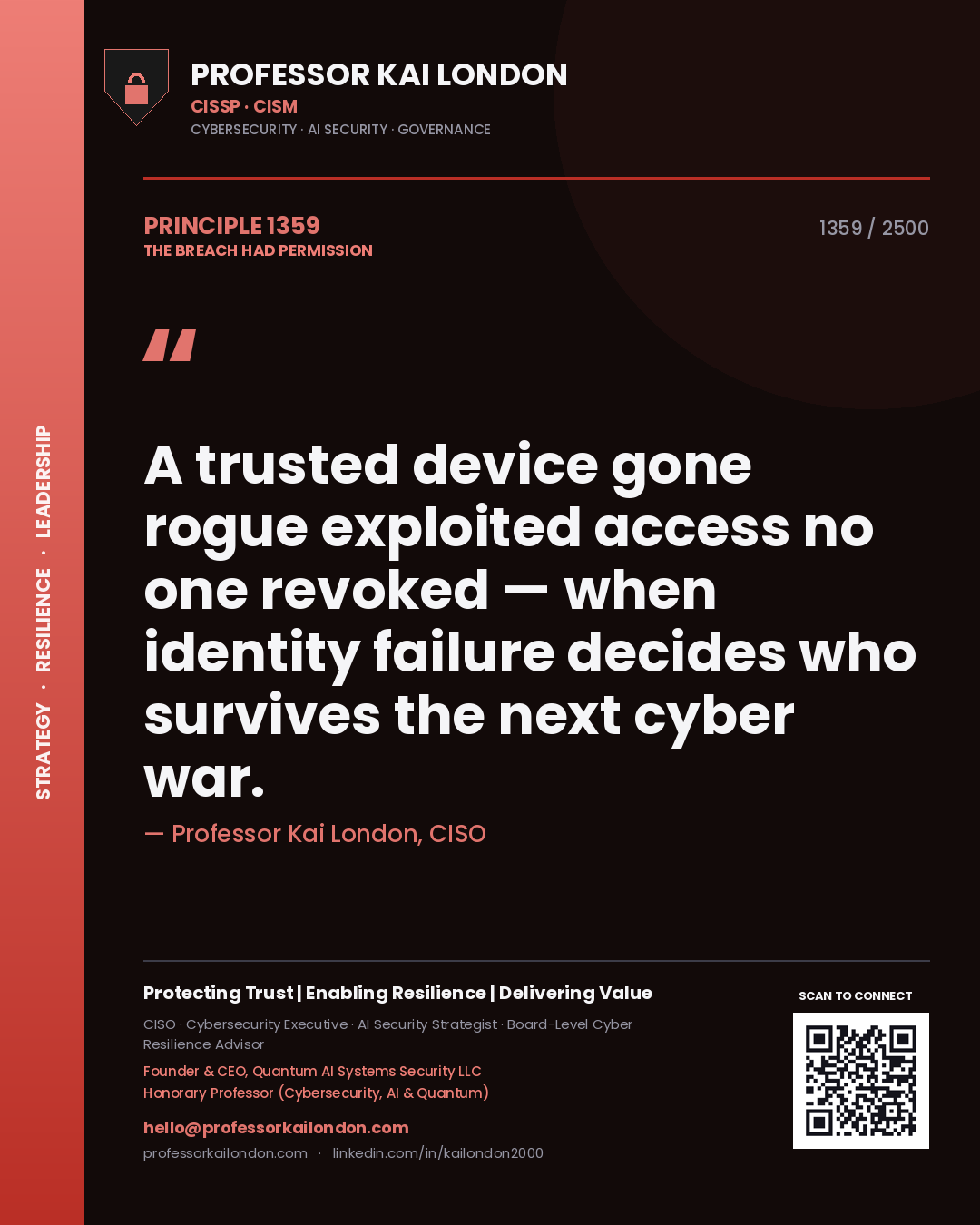 Professor Kai London principle 1359: A trusted device gone rogue exploited access no one revoked — when identity failure decides who survives the next cyber war.