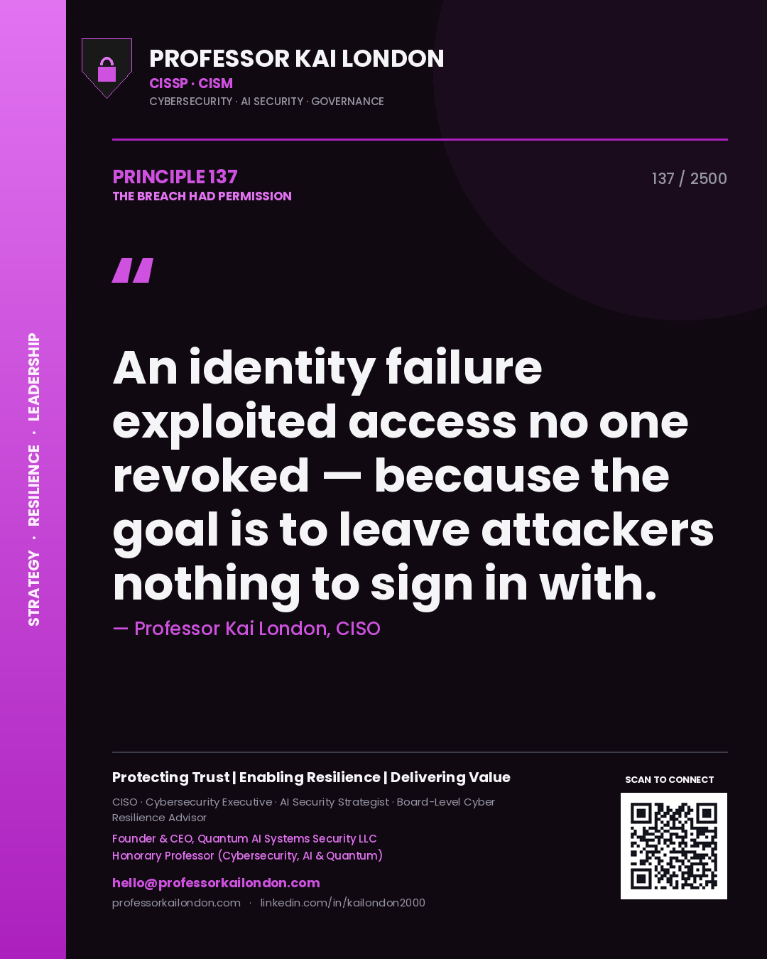 Professor Kai London principle 137: An identity failure exploited access no one revoked — because the goal is to leave attackers nothing to sign in with.