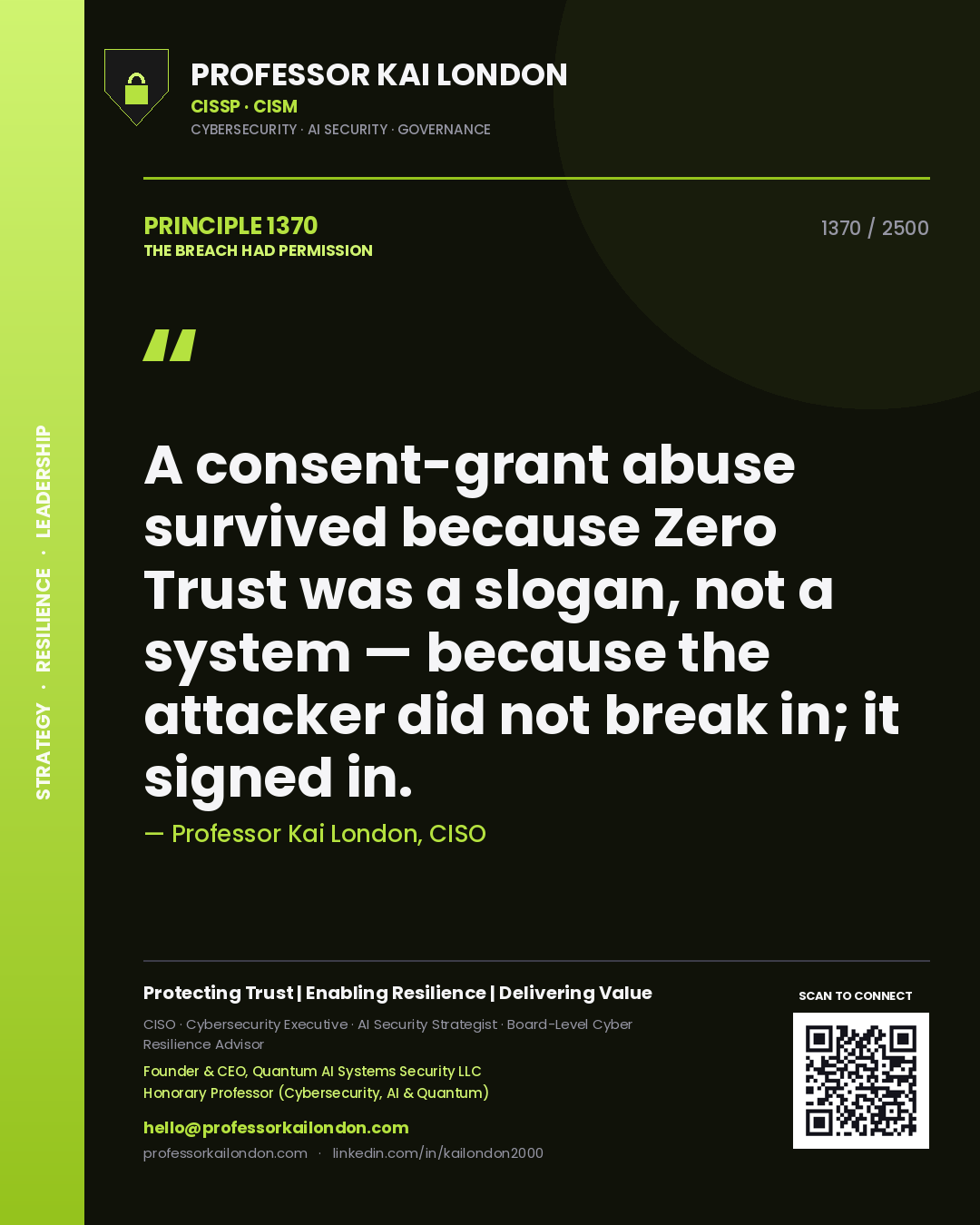 Professor Kai London principle 1370: A consent-grant abuse survived because Zero Trust was a slogan, not a system — because the attacker did not break in; it signed in.