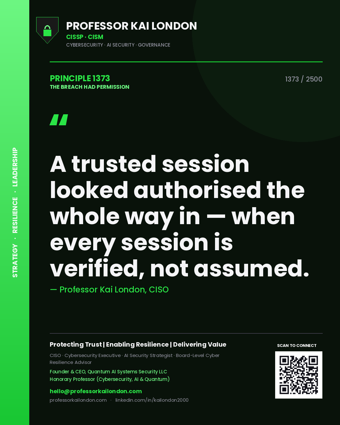 Professor Kai London principle 1373: A trusted session looked authorised the whole way in — when every session is verified, not assumed.