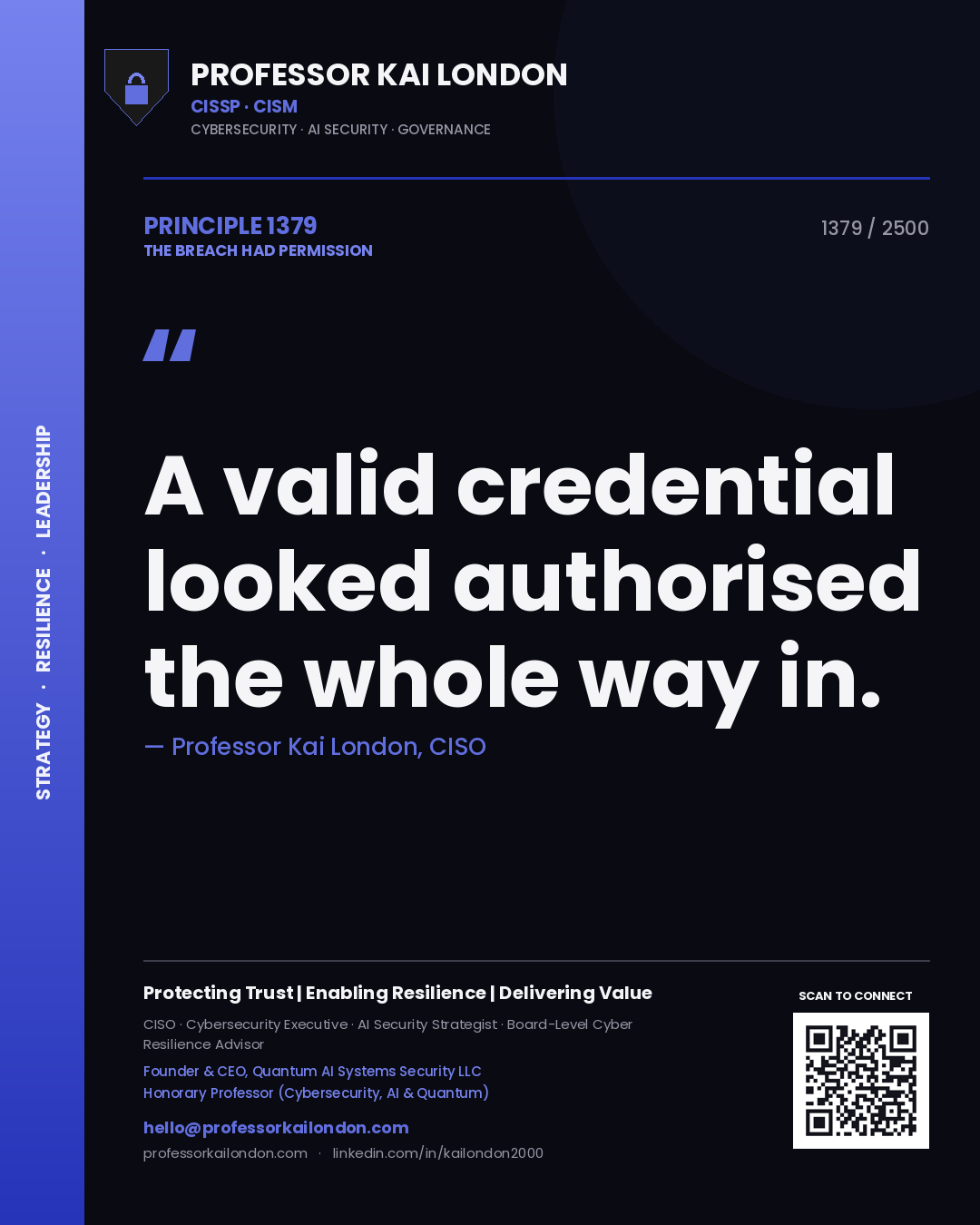Professor Kai London principle 1379: A valid credential looked authorised the whole way in.