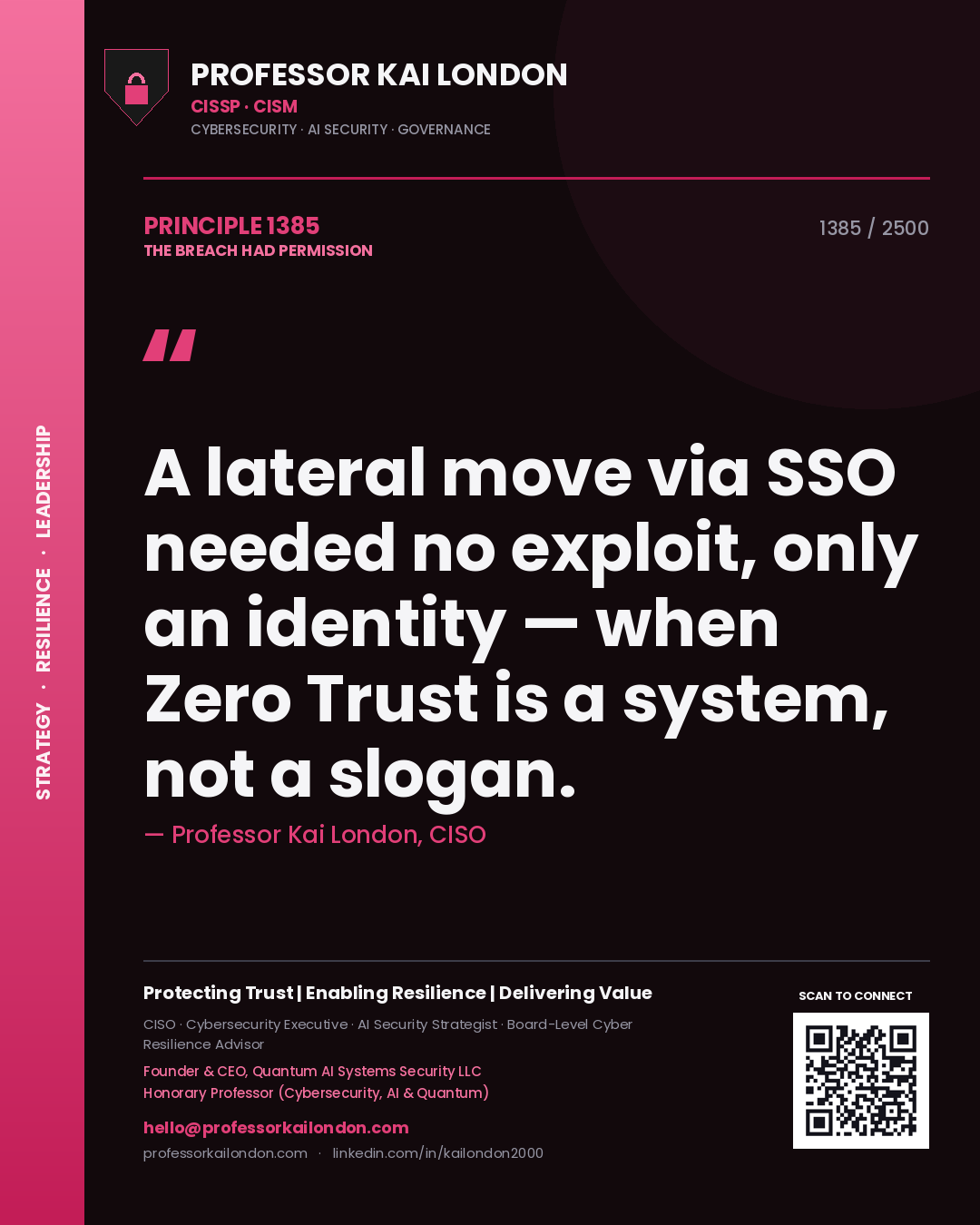 Professor Kai London principle 1385: A lateral move via SSO needed no exploit, only an identity — when Zero Trust is a system, not a slogan.