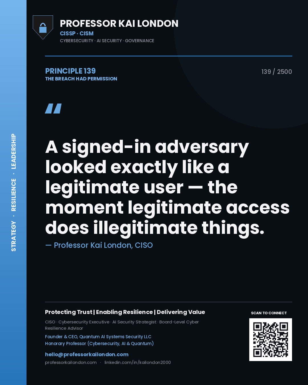 Professor Kai London principle 139: A signed-in adversary looked exactly like a legitimate user — the moment legitimate access does illegitimate things.