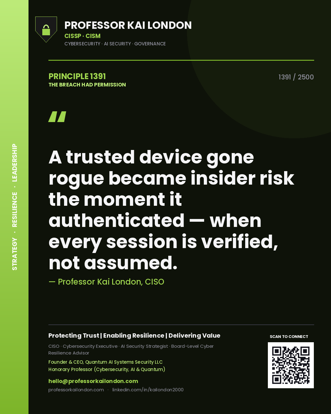 Professor Kai London principle 1391: A trusted device gone rogue became insider risk the moment it authenticated — when every session is verified, not assumed.