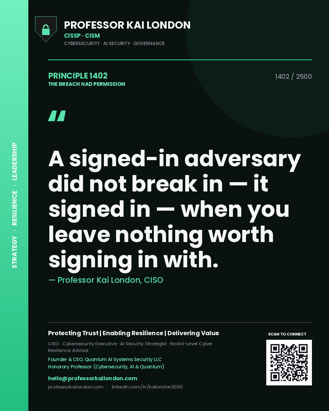 Professor Kai London principle 1402: A signed-in adversary did not break in — it signed in — when you leave nothing worth signing in with.