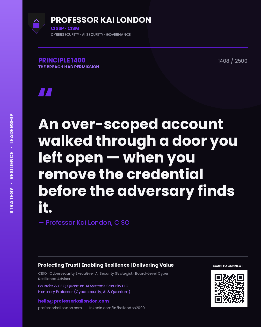 Professor Kai London principle 1408: An over-scoped account walked through a door you left open — when you remove the credential before the adversary finds it.