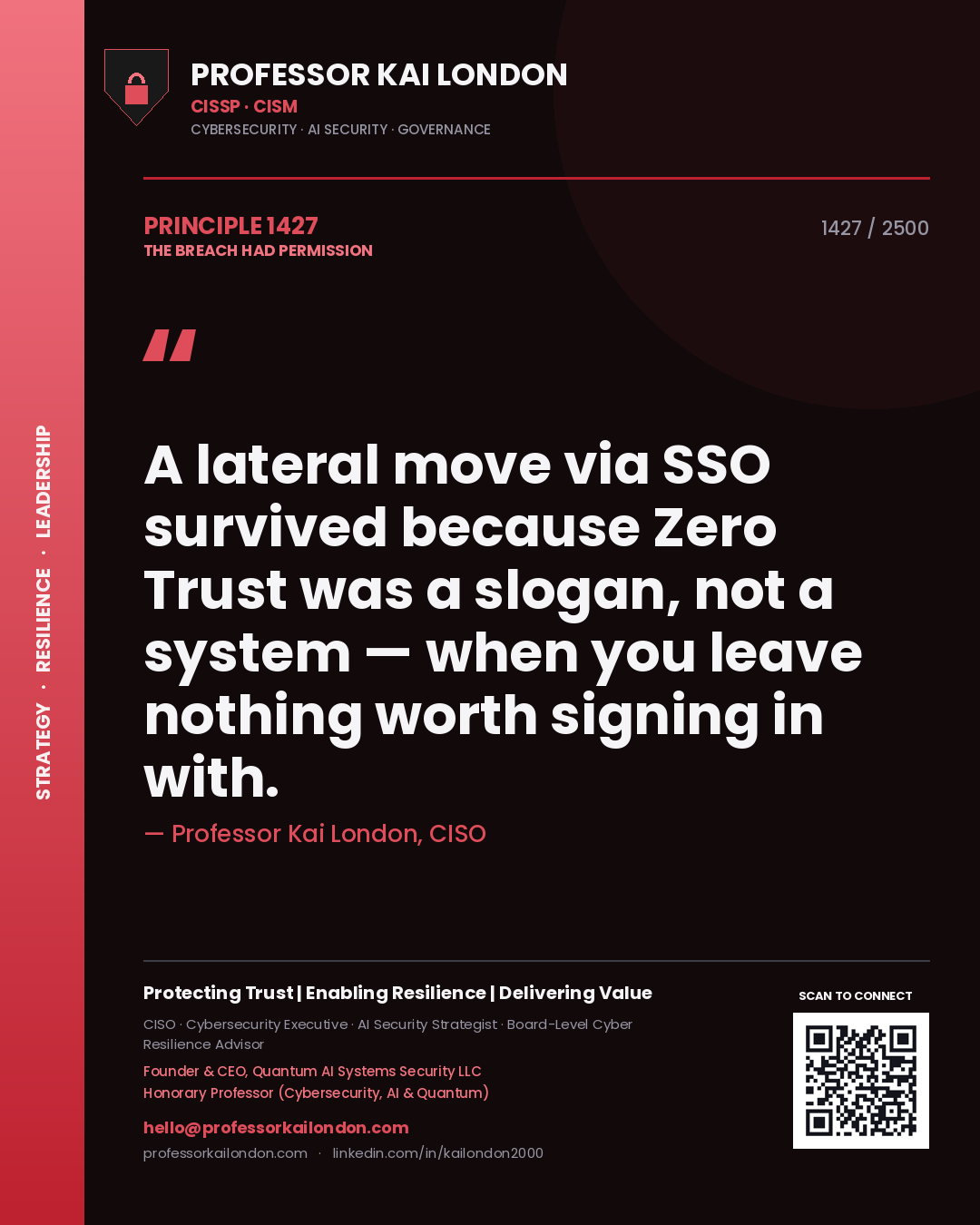 Professor Kai London principle 1427: A lateral move via SSO survived because Zero Trust was a slogan, not a system — when you leave nothing worth signing in with.